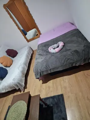 a room with two beds and a mirror at Jasemin in Ćuprija