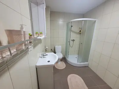 a bathroom with a shower and a toilet and a sink at Apartman Magnolija in Vrnjačka Banja