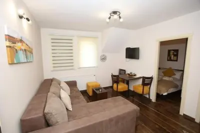 a living room with a couch and a dining room at Apartmani Sunce Stara planina in Crni Vrh