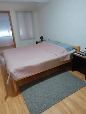 a bedroom with a bed and a rug and a table at APARTMAN Buba in Pirot