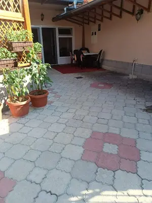 a patio with potted plants and a table and chairs at APARTMAN Buba in Pirot