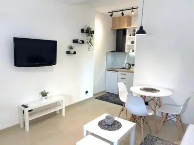 a living room with a tv and a table and chairs at LAGUNA Apartments in Vranje