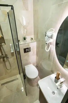 a bathroom with a toilet and a sink and a shower at Trpeza Luxury Apartments, free parking in Niš