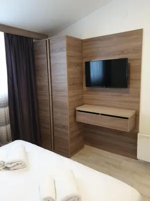 a hotel room with a tv and a bed at Milmari P87 Apartman in Cajetina
