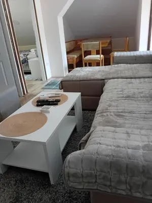 a bedroom with a bed and a coffee table at Apartman Anči in Vrnjačka Banja