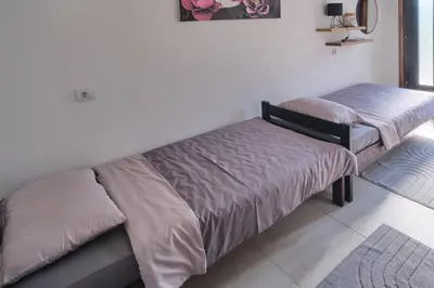 two beds sitting next to a wall in a room at Studio Melem 3 in Soko Banja