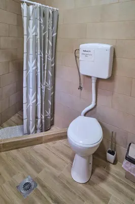 a bathroom with a toilet and a shower curtain at Studio Melem 3 in Soko Banja