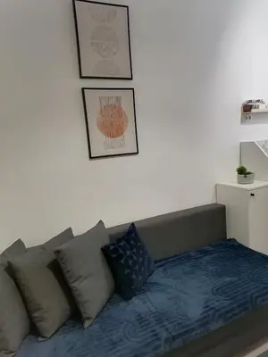 a couch in a living room with pictures on the wall at Studio Ukras in Vrnjačka Banja
