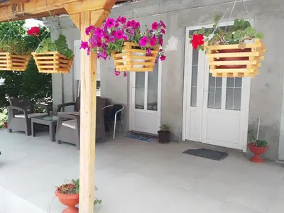 a patio with flowers in baskets on a wooden pergola at Apartman Djordjevic in Vranje
