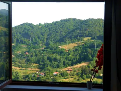 a window with a view of a mountain at Pavic SPA Milmari L34 in Kopaonik