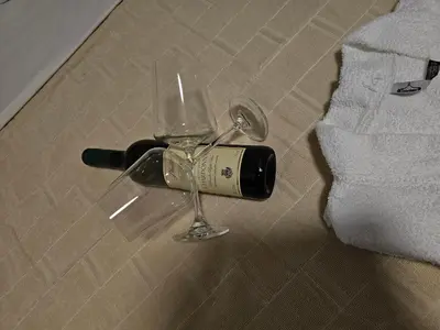 a bottle of wine and a glass on the floor at Ema HILLS in Vranje