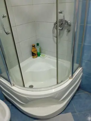 a shower with a glass door in a bathroom at Apartment Aleksandrija in Niš