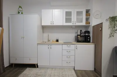 a kitchen with white cabinets and a white refrigerator at Adagio Apartmani in Vrnjačka Banja