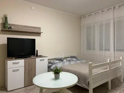 a bedroom with a bed and a tv and a table at Apartman Lea in Paraćin