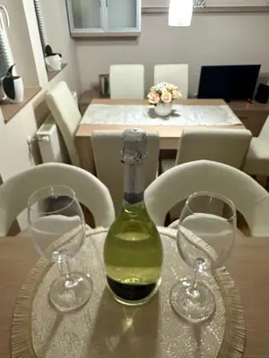 a bottle of wine sitting on a table with two glasses at Pahira Lux in Paraćin