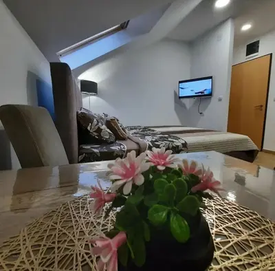 a living room with a table and a couch at Studio Djukić Sokobanja in Soko Banja