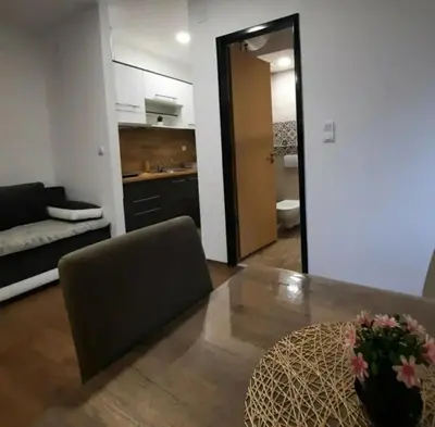 a living room with a table and a couch at Studio Djukić Sokobanja in Soko Banja