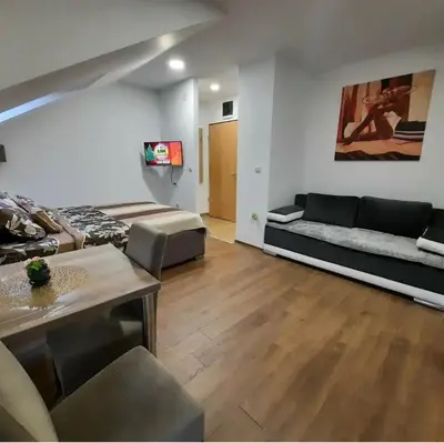 a living room with a couch and a table at Studio Djukić Sokobanja in Soko Banja