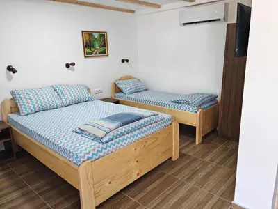 a room with two beds and a television in it at Porta Simića in Ribarska Banja
