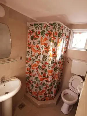 a bathroom with a shower curtain with a toilet and a sink at Porta Simića in Ribarska Banja