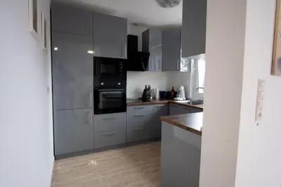 a kitchen with gray cabinets and black appliances at Raj Petrović in Kovanluk