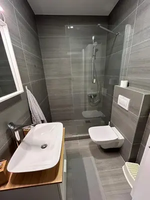 a bathroom with a sink and a shower and a toilet at Hacienda R - kuca sa bazenom in Siokovac