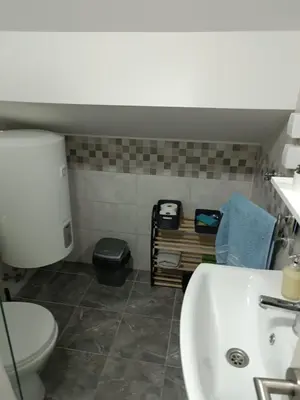 a bathroom with a white sink and a toilet at Apartman SJAJ in Soko Banja