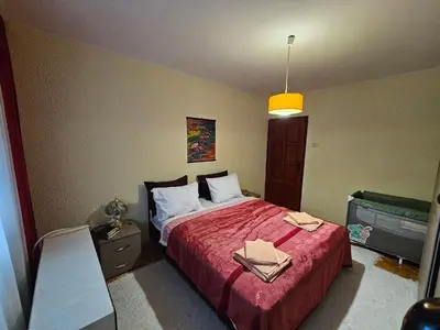 a bedroom with a large bed with a red blanket at Apartman Purić in Pirot