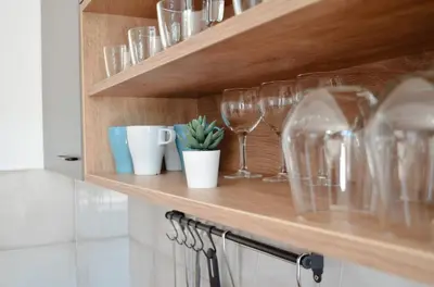 a wooden shelf with wine glasses and a potted plant at Penthaus apartman NOVAK in Vrnjci