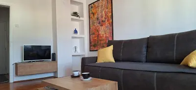 a living room with a couch and a tv at Symphony in Pirot