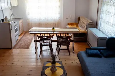 a living room with a table and chairs and a couch at Apartman Ristić in Vranje