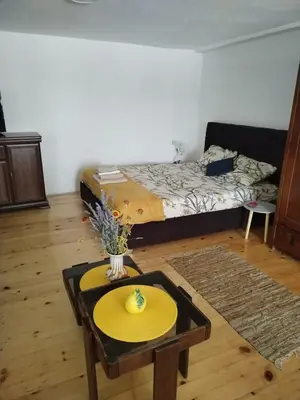 a living room with a table and a bed at Apartman Ristić in Vranje