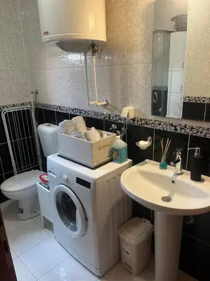 a bathroom with a washing machine and a sink at Lily Cozy Apartment in Niš