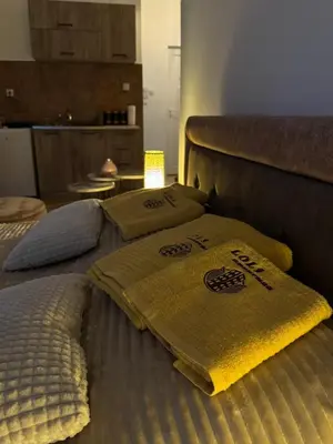 a bed with two pillows on top of it at Loli apartman 2 in Kraljevo