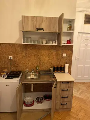 a small kitchen with a sink and a stove at Loli apartman 2 in Kraljevo