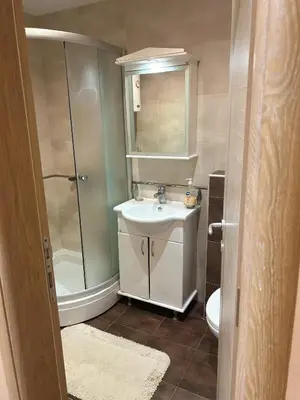 a bathroom with a sink and a shower and a toilet at Apartman Jasmina Vrnjačka banja in Vrnjačka Banja