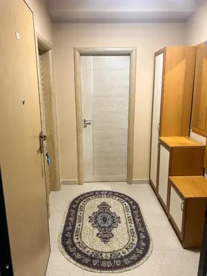 a hallway with a door and a rug on the floor at Apartman Jasmina Vrnjačka banja in Vrnjačka Banja