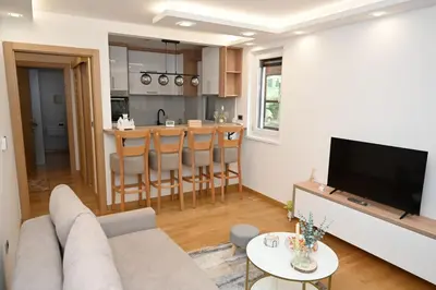 a living room with a couch and a tv and a kitchen at Apartman Aleksa 5 VRNJAČKA BANJA in Vrnjačka Banja
