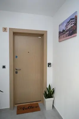 a wooden door in a room with a potted plant at Apartman Aleksa 5 VRNJAČKA BANJA in Vrnjačka Banja