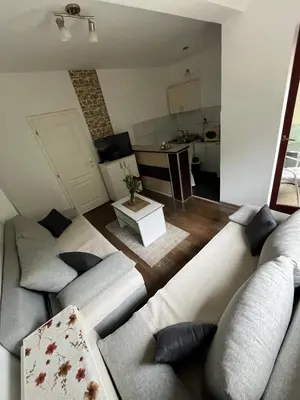 a living room with a couch and a table at Apartman Sanja 2 in Vrnjačka Banja