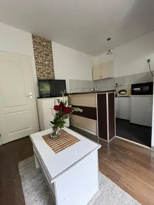 a kitchen with a table with a vase of flowers on it at Apartman Sanja 2 in Vrnjačka Banja