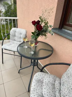 a table with two glasses of wine and a vase of roses at Apartman Sanja 3 in Vrnjačka Banja