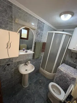 a bathroom with a shower and a toilet and a sink at Apartman Sanja 3 in Vrnjačka Banja