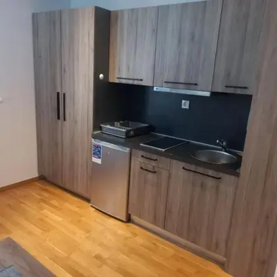 a kitchen with wooden cabinets and a sink at Apartman 22, Brzeće Centar in Mramor