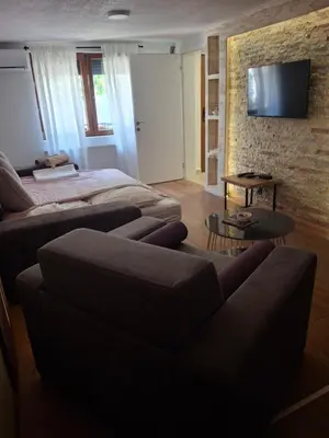 a living room with a bed and a couch at A&S Apartments Nis in Niš