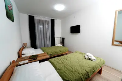 a small room with two beds and a television at Apartmani Smiljković90 in Aleksandrovac