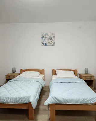 two beds sitting next to each other in a room at Apartmani Smiljković90 in Aleksandrovac