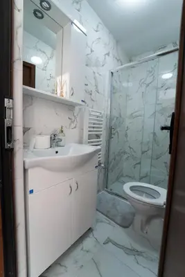 a bathroom with a sink and a shower and a toilet at Apartmani Smiljković90 in Aleksandrovac