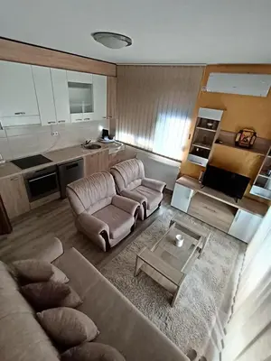 a living room with a couch and a table at Apartmani Smiljković90 in Aleksandrovac