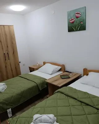 a room with two beds and a picture on the wall at Apartmani Smiljković90 in Aleksandrovac